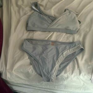 Greyish and white SHEIN swimsuit 
Both top and bottom are medium !